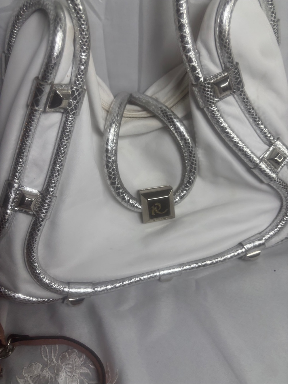 Chic White Shoulder Bag with Silver Trim